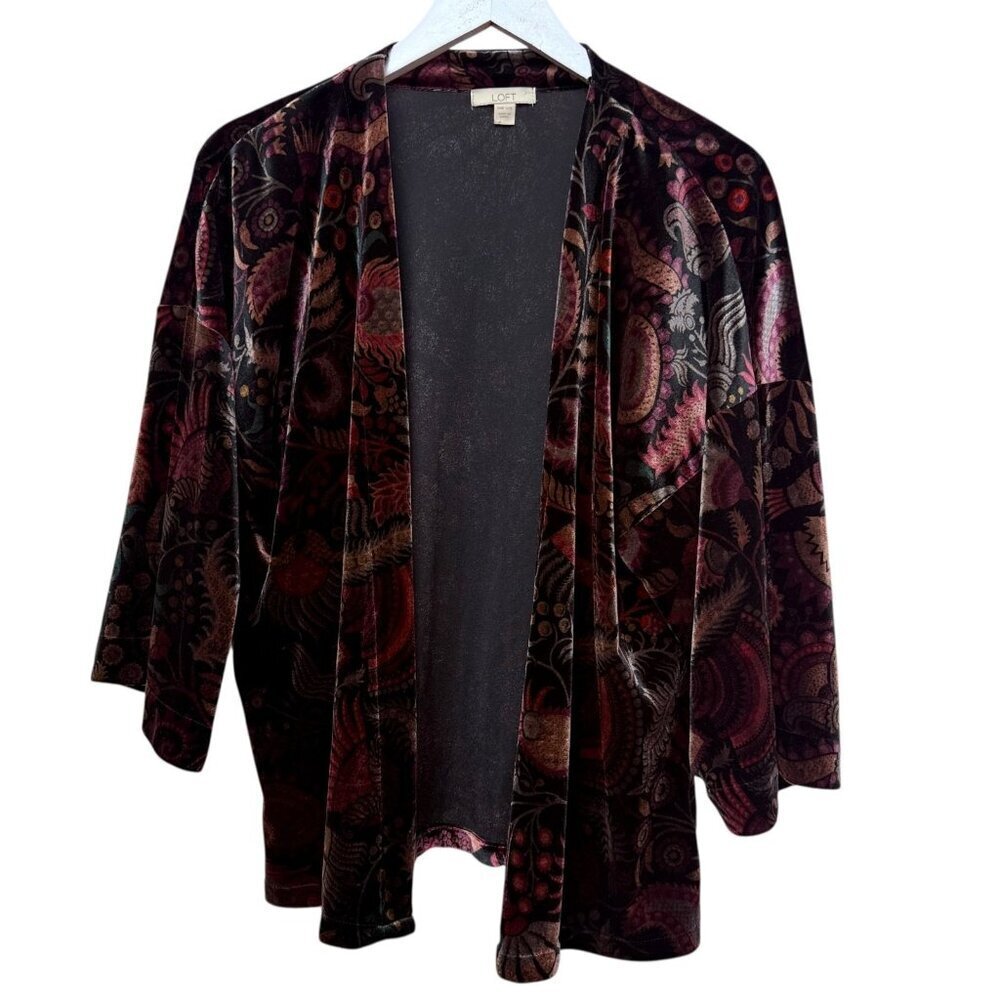 LOFT Velvet Shrug 0/S Black Red Paisley Jacket Stretch Evening Holiday Cardigan